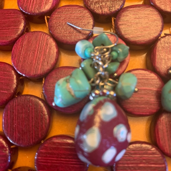 Hand painted turquoise and maroon dangly earrings - Picture 2 of 4